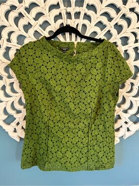 Talbots Olive Green leaf-pattern lace/eyelet cap-sleeve top.